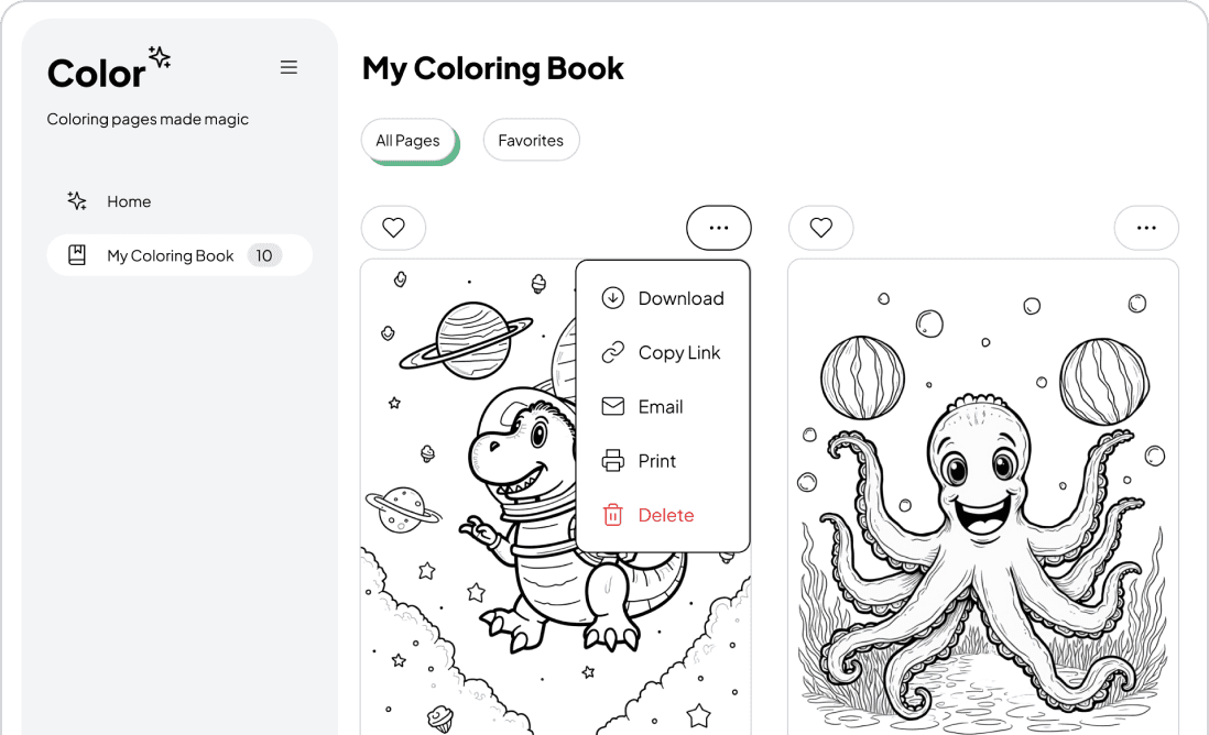 My Coloring Book interface showing saved coloring pages