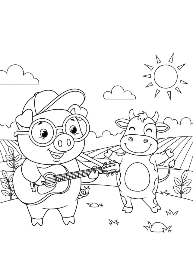 Pig, Cow, Baseball Hat, Glasses, Acoustic Guitar, Farm Field