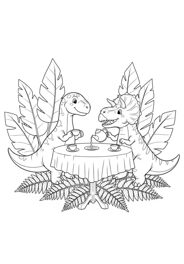 Dinos sipping tea at a fern table