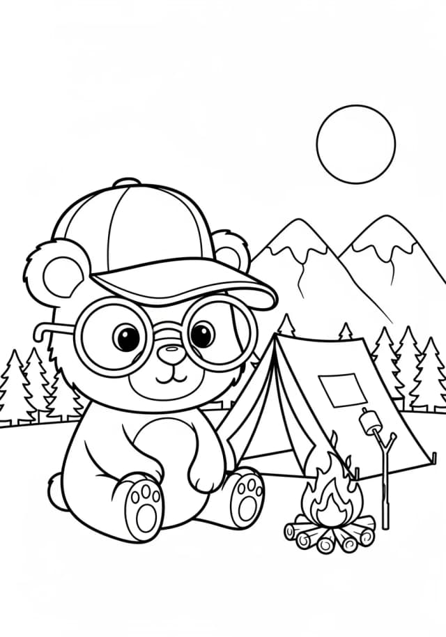 Bear, Baseball Hat, Glasses, Campsite