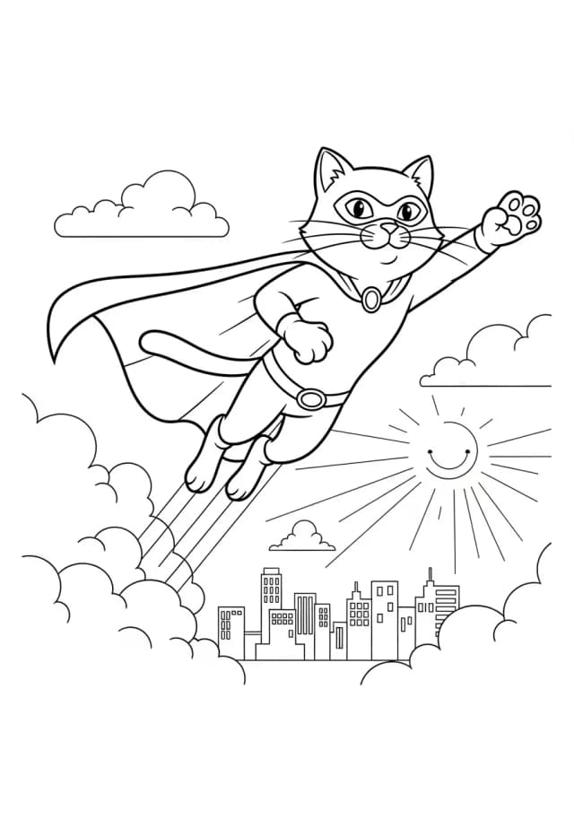 A cat dressed as a superhero, flying through the sky