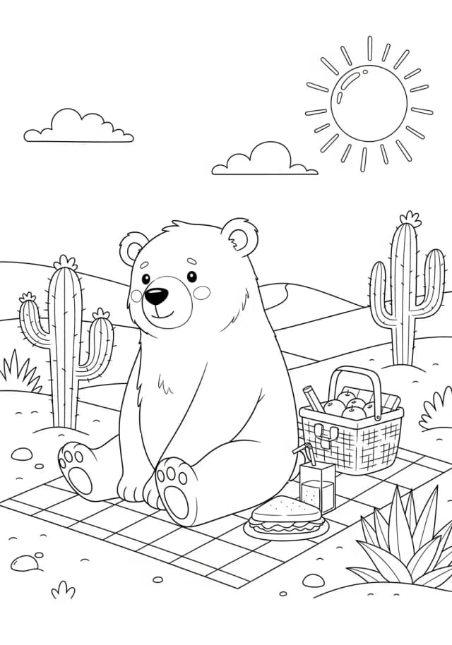 A polar bear having a picnic in the desert