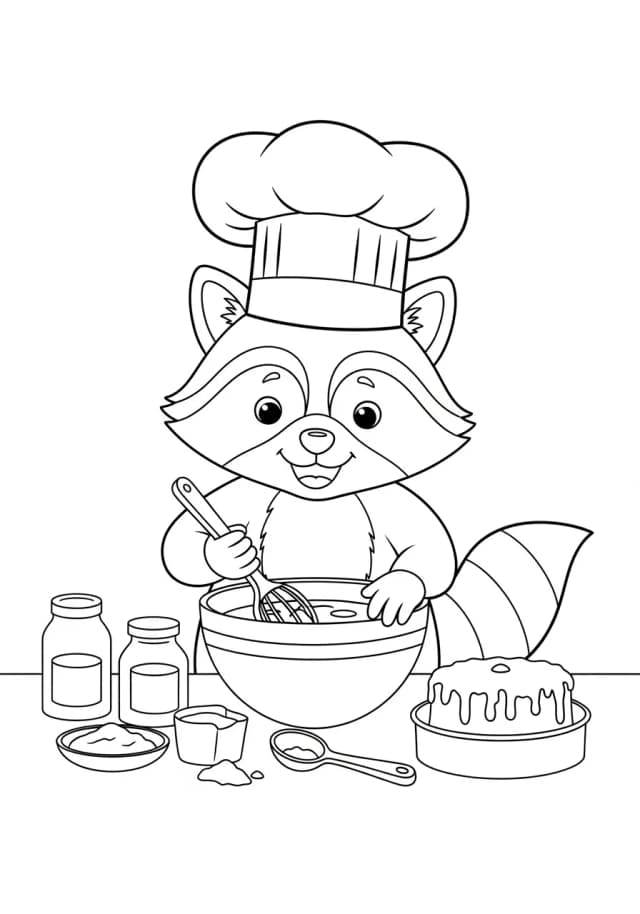 A raccoon baking a cake in a chef’s hat
