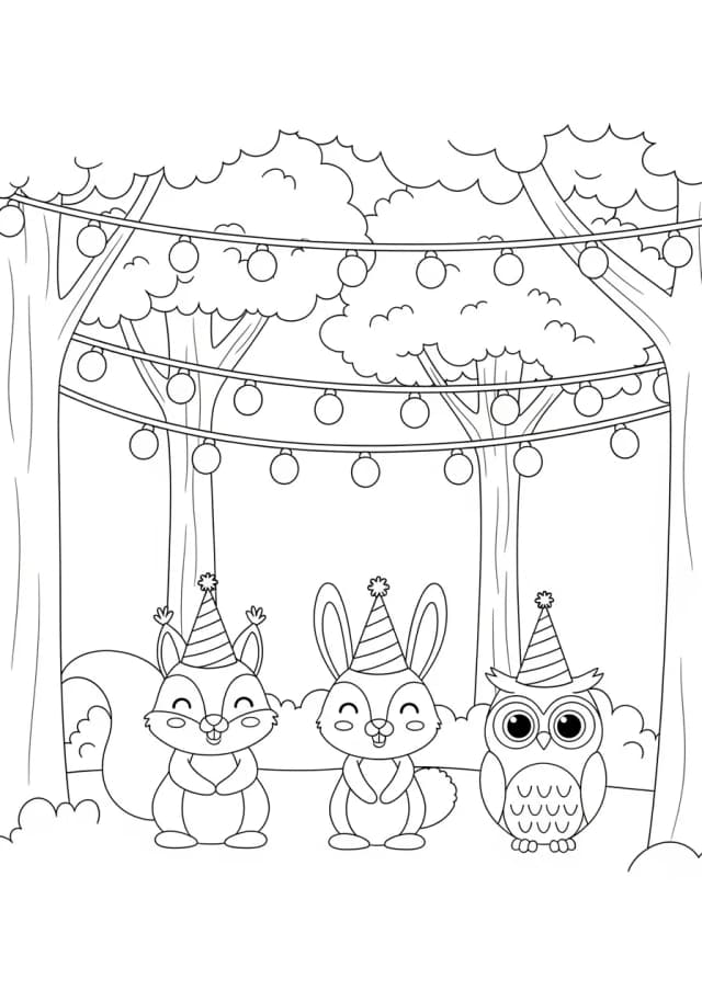 Forest friends in party hats under fairy lights