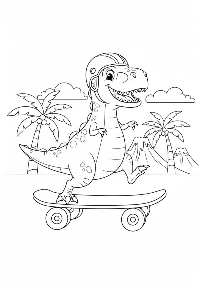 A dinosaur riding a skateboard