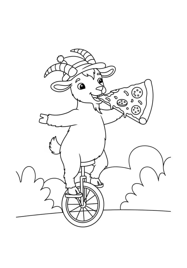 A goat riding a unicycle while eating a slice of pizza